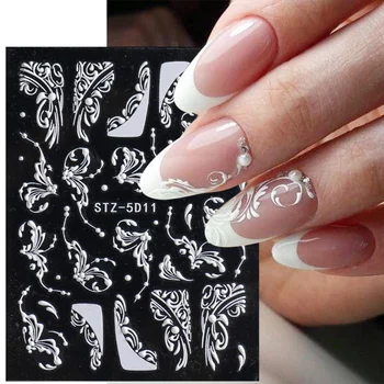 1 ADET Beyaz Kabartmalı Takılar Nail Art Sticker Kazınmış 5D Çıkartmaları Çiçek Dantel Jel Lehçe Kaymak Düğün Manikür Dekor LASTZ5D09-016