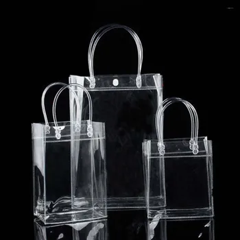1 Adet PVC Şeffaf hediye keseleri Kolları İle Moda PP Çanta Düğmesi İle şeffaf el çantası Parti İyilik Çanta şarap ambalaj poşetleri S / M / L