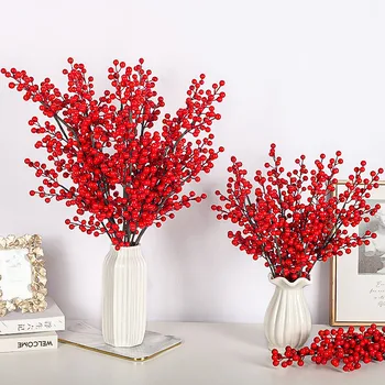 10 Adet / grup Noel Kırmızı Meyveler Sapları Süs Sahte Kar çam Dalı Koni Berry Holly Noel Ağacı Dekorasyon Malzemeleri Ev Dekor