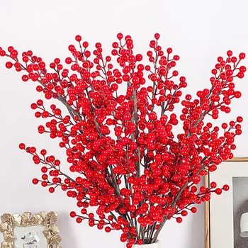10 Adet / grup Noel Kırmızı Meyveler Sapları Süs Sahte Kar çam Dalı Koni Berry Holly Noel Ağacı Dekorasyon Malzemeleri Ev Dekor Görüntü 2