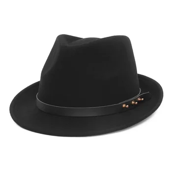 100 % Yün Sonbahar Kış Retro Caz Şapka Orta Yaşlı Erkekler Keçe Fedoras Kap Erkek Katı Fötr Panama Şapka Siyah Melon Şapka Görüntü 2