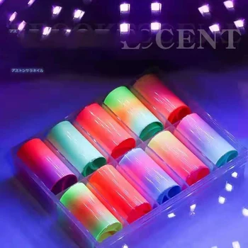 10Rolls100 * 4cm Nail Art Folyo Transferi Çıkartmalar Glow Koyu Floresan Neon Alev Tırnak Çıkartmaları / Aydınlık Kağıt Kaymak Folyo Sticker10 Görüntü 2