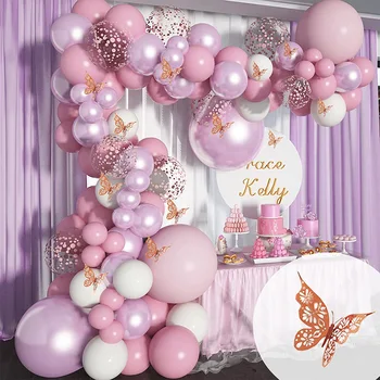 123 adet Pembe Macaron Metal Balon Seti Kelebek Balonlar Garland Kemer Doğum Günü Partisi Dekorasyon Düğün Dekor Bebek Duş