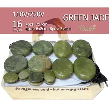 16 adet / takım Doğal Enerji masaj taşı seti sıcak spa kaya yeşil yeşim taşı 16 adet ısıtıcı çantası Görüntü 2