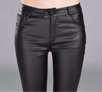 2018 Sonbahar Kış kadın PU deri pantolon Yüksek Belli elastik parlak tayt ınce kadın kalem deri pantolon kadın Görüntü 2