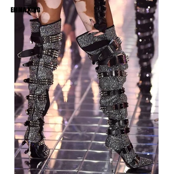 2021 Kadın Moda Bling Bling Kristal Diz Çizmeler Üzerinde Uyluk Yüksek Toka Kayış Çizmeler Bayan Pist Perçin Toka Gladyatör Ayakkabı