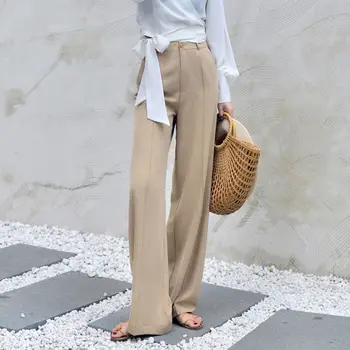 2021 Retro Düz Renk Vahşi Düz Geniş Bacak Pantolon Kadın Bahar Yeni Kore Moda Yüksek Bel Rahat Uzun pantolon