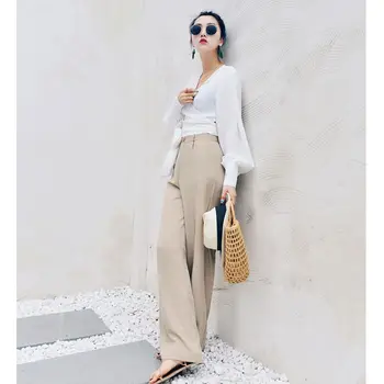 2021 Retro Düz Renk Vahşi Düz Geniş Bacak Pantolon Kadın Bahar Yeni Kore Moda Yüksek Bel Rahat Uzun pantolon Görüntü 2