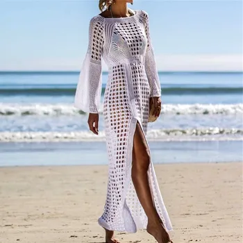 2021 Seksi Tığ İşi Beyaz Plaj Cover up Elbise Kadınlar Tunik Bölünmüş Mayo Beachwear Örme Bikini Cover-up Uzun Plaj Elbise