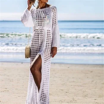 2021 Seksi Tığ İşi Beyaz Plaj Cover up Elbise Kadınlar Tunik Bölünmüş Mayo Beachwear Örme Bikini Cover-up Uzun Plaj Elbise Görüntü 2