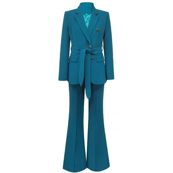 2021 Yeni Kış Kadın Takım Elbise Moda İki parçalı Uzun Kollu V Yaka Custom made Ceket ve pantolon kadın Kalın ceket Görüntü 2