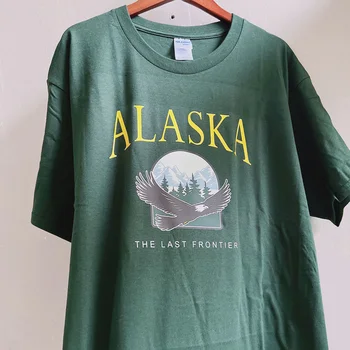 2022 Alaska Baskılı T Shirt Kadın Kısa Kollu Pamuklu Moda O-boyun Baskı ordu yeşil Üstleri Görüntü 2