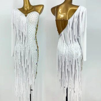 2022 Beyaz Püskül Latin Dans Elbise Kadın Tek Kollu Yan Örgü Kadın Latin Yarışması Elbise Salsa Performans Kostüm BL8056