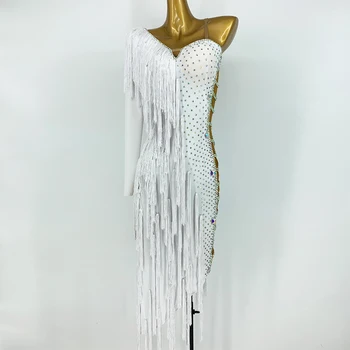 2022 Beyaz Püskül Latin Dans Elbise Kadın Tek Kollu Yan Örgü Kadın Latin Yarışması Elbise Salsa Performans Kostüm BL8056 Görüntü 2