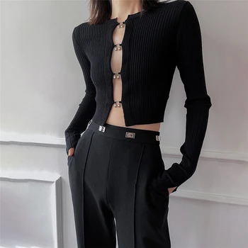 2022 ilkbahar ve yaz yeni metal not düğmesi designknitted uzun kollu tişört kadın moda seksi içi boş kısa knittedsweater