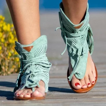 2022 Kadın Retro Sandalet Gladyatör Bayanlar Klip Ayak Vintage Çizmeler Rahat Püskül Roma Moda Yaz Kadın Ayakkabı Kadın Sandalias