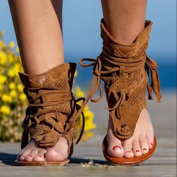 2022 Kadın Retro Sandalet Gladyatör Bayanlar Klip Ayak Vintage Çizmeler Rahat Püskül Roma Moda Yaz Kadın Ayakkabı Kadın Sandalias Görüntü 2