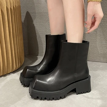 2022 Sonbahar Hakiki Pu Kadın Chelsea Çizme Moda Platformu Orta Buzağı Çizmeler Elastik Bant El Yapımı kadın ayakkabıları Siyah Botas Vahşi Görüntü 2