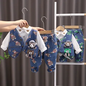 2022 Sonbahar Kore Küçük Çocuk 3 ADET Giysi Set Karikatür Ayı kot yelek Uzun Kollu Gömlek Kot Bebek Erkek Bebek Takım Elbise Kıyafet