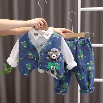 2022 Sonbahar Kore Küçük Çocuk 3 ADET Giysi Set Karikatür Ayı kot yelek Uzun Kollu Gömlek Kot Bebek Erkek Bebek Takım Elbise Kıyafet Görüntü 2
