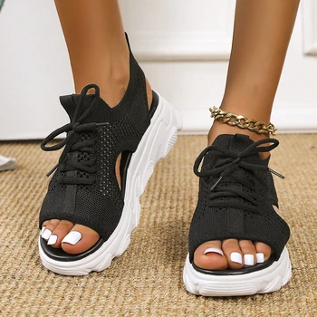 2022 Yaz Kadın Sandalet Örgü rahat ayakkabılar Beyaz Kalın Tabanlı Dantel-Up Sandalias Burnu açık plaj ayakkabısı Kadınlar için Yeni Zapatos Mujer Görüntü 2