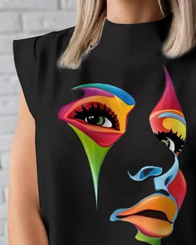 2022 Yaz kadın T-Shirt Son Moda Soyut Figür Baskı Rahat O-boyun Kap Kollu Günlük Tank Top Kadın rahat giyim Görüntü 2