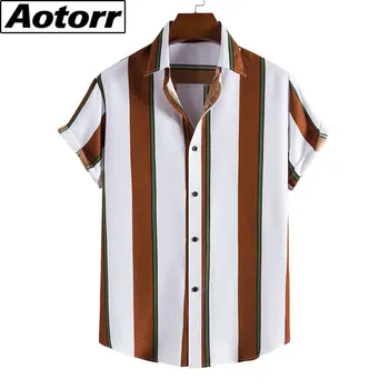 2022 Yaz Rahat havai gömleği Erkekler Şerit Baskı Kısa Kollu Gömlek Erkek Yaka Düğme Gömlek Bluz Üst Gevşek Giyim