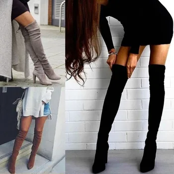 2022 Yeni Akın Deri Kadın Diz Üzerinde Streç Çorap Çizmeler Lace Up Seksi Yüksek Topuklu Sonbahar Kadın Ayakkabı Kış Boyutu 34-43