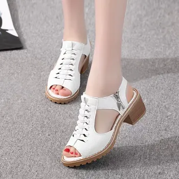 2022 Yeni kadın Kare Topuk Yaz Ayakkabı Deri Zip Gladyatör Sandalet Orta Topuk Zip platform sandaletler Yüksek Topuklu 43