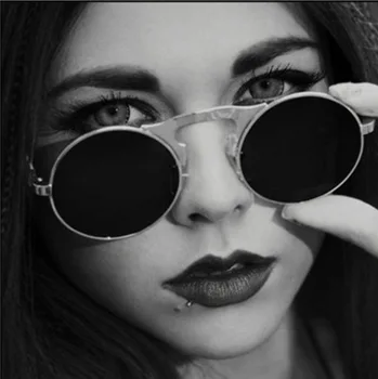 2022 Yeni Metal Yuvarlak Steampunk Güneş Gözlüğü Kadın Erkek Kare Çift Flip lens kapağı Punk UV400 güneş gözlüğü Temizle HD Degrade Gölge Görüntü 2