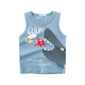 2023 Çocuk Yaz Karikatür T-shirt Erkek Kız Pamuk Spor Yelek Dinozor Köpekbalığı Baskı Kaşkorse Çocuklar Rahat Yelekler Kıyafetler 2-10Y