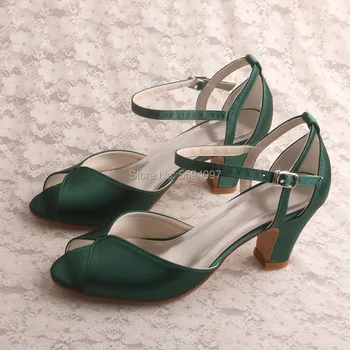 (22 Renk) Tıknaz Topuk Peep Toe Düğün Ayakkabı Gelin Zümrüt Yeşili Görüntü 2
