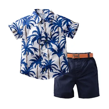 3 ADET Bebek Çocuk Boys Kıyafetler Set Baskılı Kısa Kollu Bluz Katı Şort Kemer Moda Hawaii Tarzı Giyim Seti 2-6Years