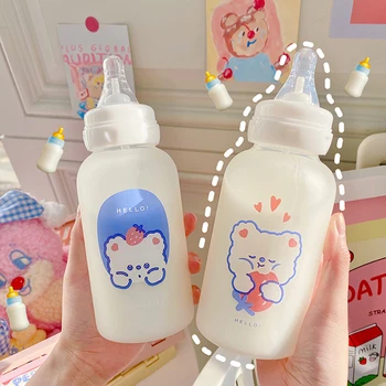 320ml Yaratıcı Cam Kawaii Kız Öğrenci çocuk Sevimli Ayı Su Bardağı Buzlu Saman Silikon emzik şişesi