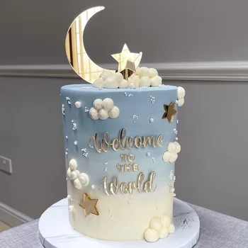 5 ADET Akrilik Doğum Günü Pastası Topper Altın Hoş Geldiniz Ev Yıldız Ay Kek Toppers Bebek Doğum Günü Partisi için Kek Dekorasyon