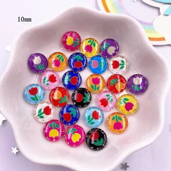 50 adet Reçine Sevimli Renkli 10mm Yuvarlak Laleler Çiçek kristal cevheri Flatback Taklidi Aplike DIY Düğün Karalama Defteri Tırnak Zanaat Görüntü 2