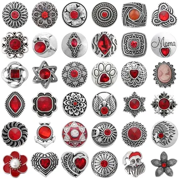 6 adet / grup Yeni Snap Düğmesi Takı Bilezikler Charm Kristal Rhinestone Metal Kırmızı 18mm Yapış Düğmeler Fit DIY Yapış Bilezik