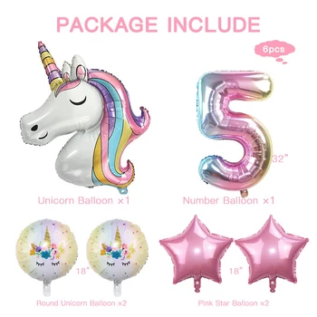 6 adet gökkuşağı ünikorn Balon 32 inç Numarası Folyo Balonlar 1st Çocuklar Unicorn Tema Doğum Günü Partisi Süslemeleri Bebek Duş Globos Görüntü 2