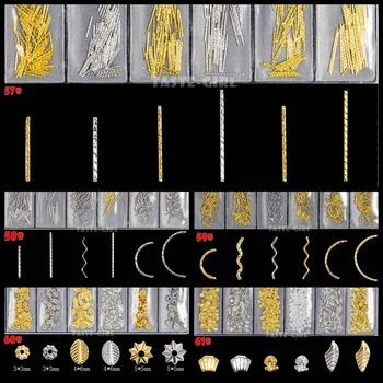 6 İzgaralar / Paket 3D Altın Gümüş Metal Karışık Bükülmüş Bükülmüş Çubuk Çizgili Yaprak Tırnak Sanat Alaşım Süslemeleri Manikür Takılar Taşlar