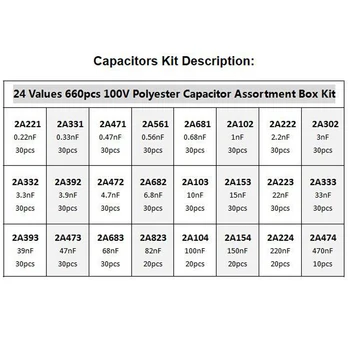 660 adet / grup Kapasitör Kiti 100V 2A221J To 2A474J Polyester Film Kapasitör Çeşitli Kiti 0.47 nf 0.68 nf 1nF 2.2 nf 3.3 nf Kapasitörler Görüntü 2