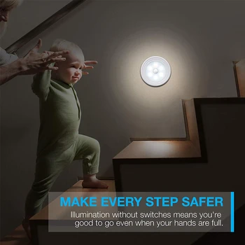 6LEDs PIR Hareket Sensörü Gece Lambası Kablosuz Yuvarlak Dolap Dolap Yatak Odası Gece Lambası Güvenli Koridor Dolap Merdiven dolap lambası Görüntü 2