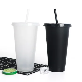 710ml Plastik Saf Siyah Şeffaf Saman Plastik Bardak İçecek Meyve Süt Çay Flaş Tozu Değişmez Renk pipetli suluk