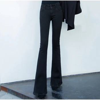 90'LI Ekstra Uzun Siyah Flare Kot Vintage Orta Bel Geniş Bacak Seksi Sıkı Sıska Çan Dipleri Melodi Sıkıntılı Kot Pantolon Görüntü 2