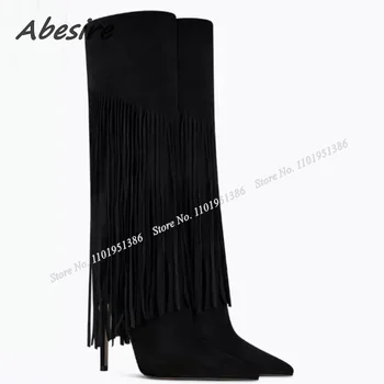 Abesire Siyah Saçak Dekor Süet Çizmeler üzerinde Kayma Diz Yüksek Sivri Burun Katı Stiletto ayakkabılar Kadınlar için Yüksek Topuk Zapatillas Mujer