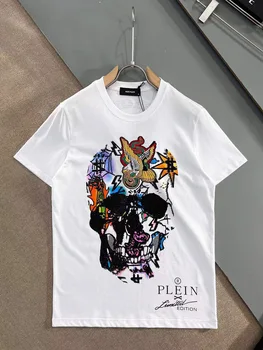 AlexPlein Kafatasları Rhinestones Nakış Elmas erkek moda Giyim Ekip Boyun 2022 Yaz Streetwear %100 % Pamuk İnce Tshirt