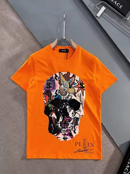 AlexPlein Kafatasları Rhinestones Nakış Elmas erkek moda Giyim Ekip Boyun 2022 Yaz Streetwear %100 % Pamuk İnce Tshirt Görüntü 2