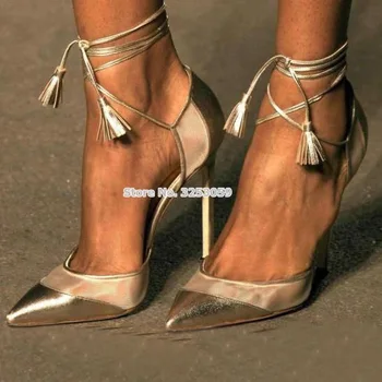 ALMUDENA Kadınlar Altın Topuklu Sivri Burun Dantel-up Saçak Pompaları Örgü Patchwork Elbise Ayakkabı Stiletto Topuk Sığ Püskül Ziyafet Ayakkabı