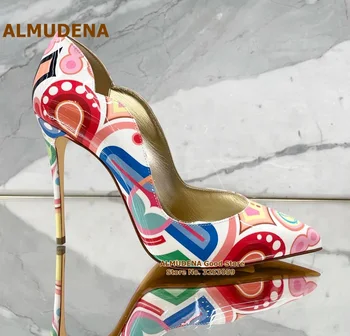 ALMUDENA Pembe Noktalar Geometrik Şekil Tasarlanmış Yüksek Topuklu 12 cm 10 cm 8 cm Çizim Baskılı Patent Deri Düğün Ayakkabı Ziyafet Pompaları