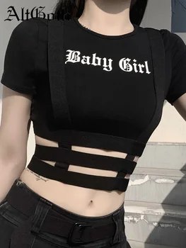 AltGoth Koyu Goth Seksi Ince T-shirt Punk Sokak Bebek Kız Mektuplar Baskılı Kısa Kollu Düzensiz Hollow Out Kırpma Üst Tees Kadın
