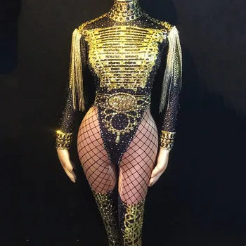 Altın Rhinestones Püskül Sıska Tulum Kristaller Leotard Kadın Dans Takımı Caz dans kostümü Bar Şarkıcı Ordu Üniforma Sahne Giyim
